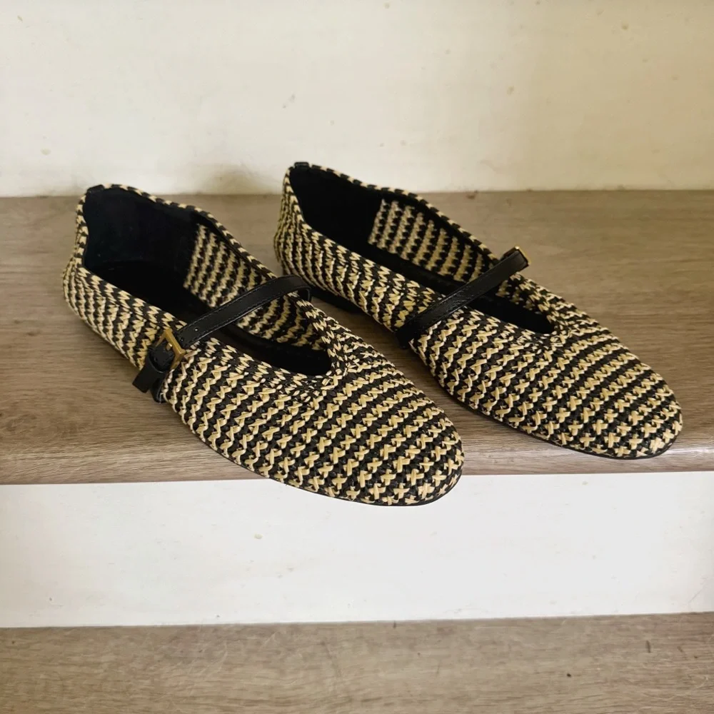 Raffia-Effect Stripe Ballet Flats